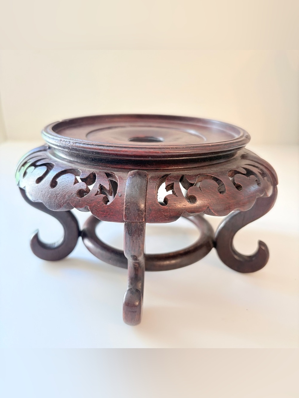 Vintage Chinese Carved Wood Display Stand Footed Pedestal 5" approx Brown